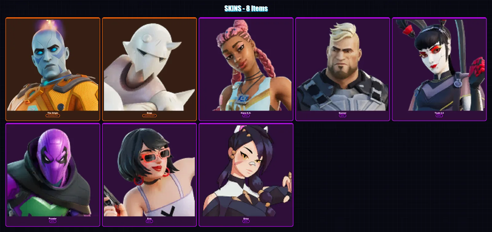 [PC/XBOX/PSN] | The Origin | Snap | Kiara K.O. | Gunnar | Tsuki 2.0 | 8 skin | 10 pickaxe | 5 emote | 14 glider | Lv140