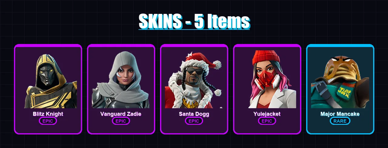 [PC/PSN] | Blitz Knight | Vanguard Zadie | Santa Dogg | Yulejacket | Major Mancake | 5 skin | 23 pickaxe | 9 emote | 16 glider | Lv151