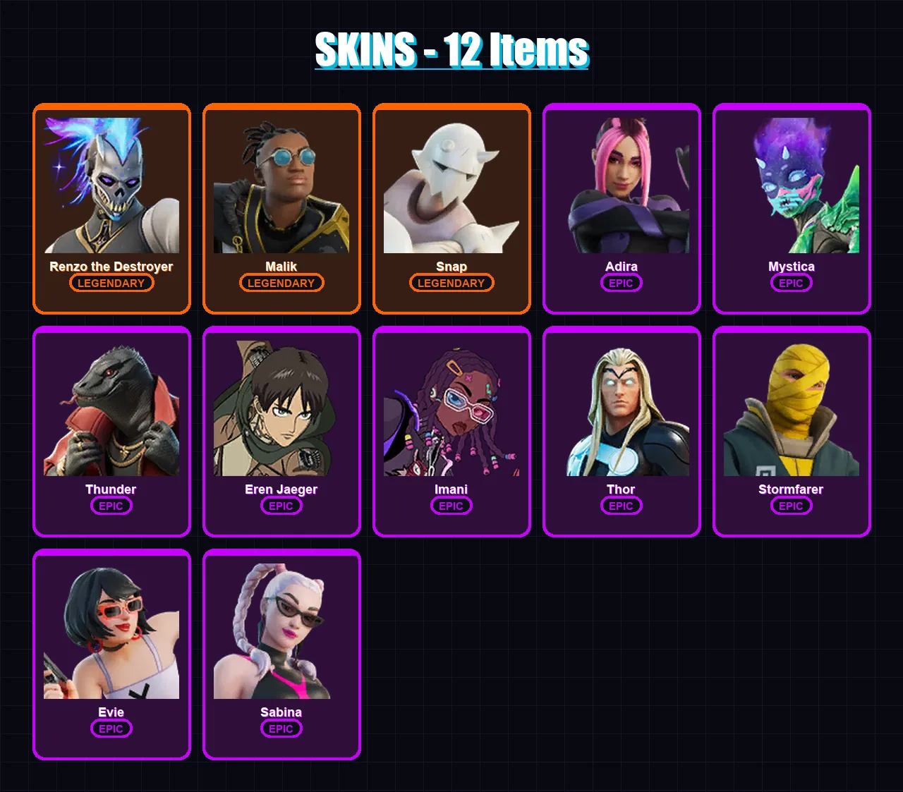 [PC/XBOX/PSN] | Renzo the Destroyer | Malik | Snap | Adira | Mystica | 12 skin | 26 pickaxe | 32 emote | 33 glider | Lv608