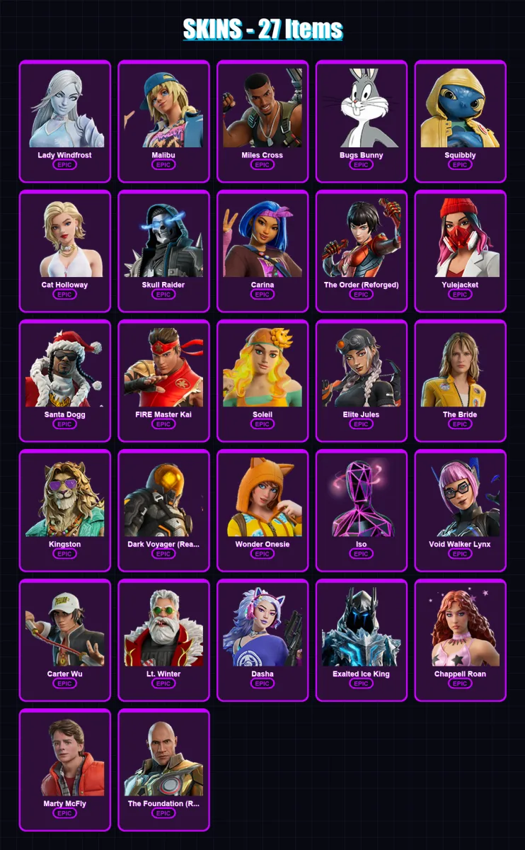 [PC/PSN] | Lady Windfrost | Malibu | Miles Cross | Bugs Bunny | Squibbly | 27 skin | 44 pickaxe | 26 emote | 30 glider | Lv423