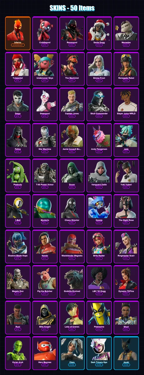 [PC/XBOX/PSN] | Inferno | Cuddlepool | Ravenpool | Santa Dogg | Meowdas | 50 skin | 103 pickaxe | 50 emote | 66 glider | Lv1235