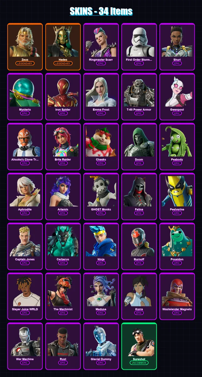 [SWITCH/XBOX/PC] | Zeus | Hades | Ringmaster Scarr | First Order Stormtrooper | Shuri | 34 skin | 57 pickaxe | 33 emote | 41 glider | Lv423