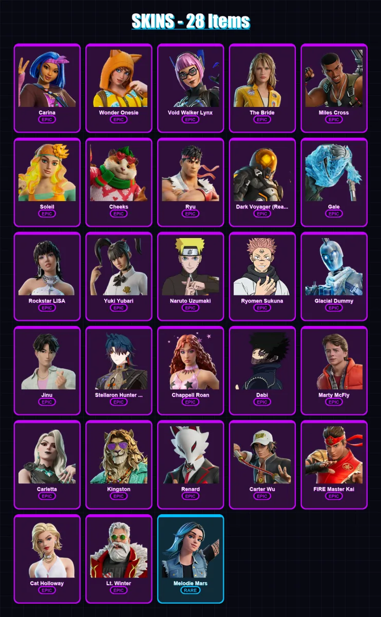 [PC] | Carina | Wonder Onesie | Void Walker Lynx | The Bride | Miles Cross | 28 skin | 32 pickaxe | 21 emote | 23 glider | Lv200