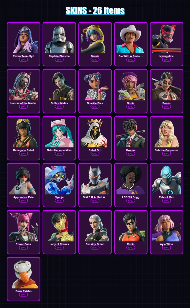[PC/PSN] | Raven Team Syd | Captain Phasma | Bernie | Die With A Smile Bruno | Nyangelica | 26 skin | 12 pickaxe | 4 emote | 2 glider | Lv12