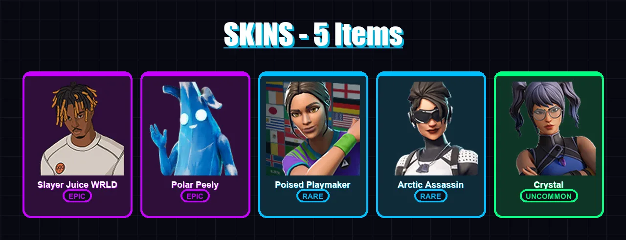 [PC/XBOX/PSN] | Slayer Juice WRLD | Polar Peely | Poised Playmaker | Arctic Assassin | Crystal | 5 skin | 28 pickaxe | 13 emote | 27 glider | Lv305