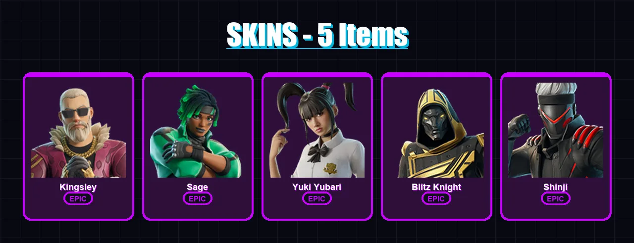 [PC/XBOX] | Kingsley | Sage | Yuki Yubari | Blitz Knight | Shinji | 5 skin | 16 pickaxe | 7 emote | 6 glider | Lv49