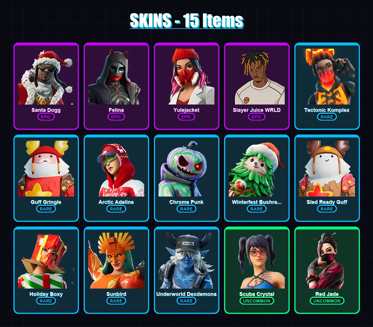 [PC/XBOX/PSN] | Santa Dogg | Felina | Yulejacket | Slayer Juice WRLD | Tectonic Komplex | 15 skin | 45 pickaxe | 32 emote | 39 glider | Lv1154