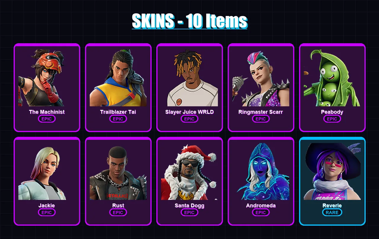 [PC/PSN] | The Machinist | Trailblazer Tai | Slayer Juice WRLD | Ringmaster Scarr | Peabody | 10 skin | 23 pickaxe | 10 emote | 14 glider | Lv246