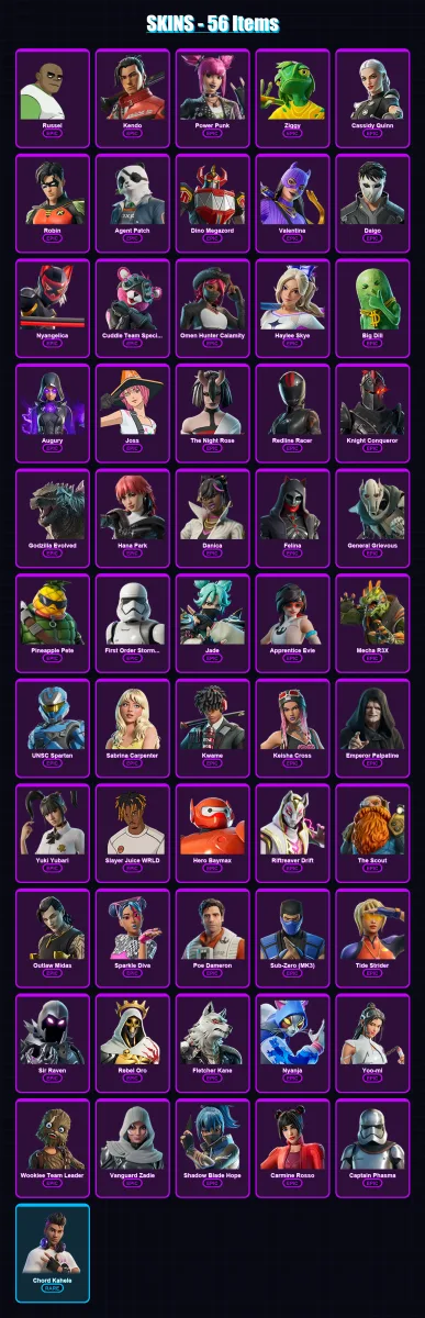 [PC/XBOX/PSN] | Russel | Kendo | Power Punk | Ziggy | Cassidy Quinn | 56 skin | 75 pickaxe | 58 emote | 47 glider | Lv590