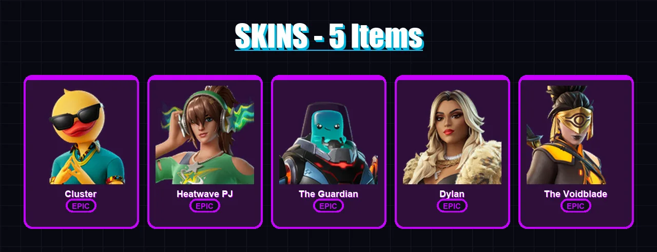 [PC/XBOX/PSN] | Cluster | Heatwave PJ | The Guardian | Dylan | The Voidblade | 5 skin | 11 pickaxe | 9 emote | 12 glider | Lv71