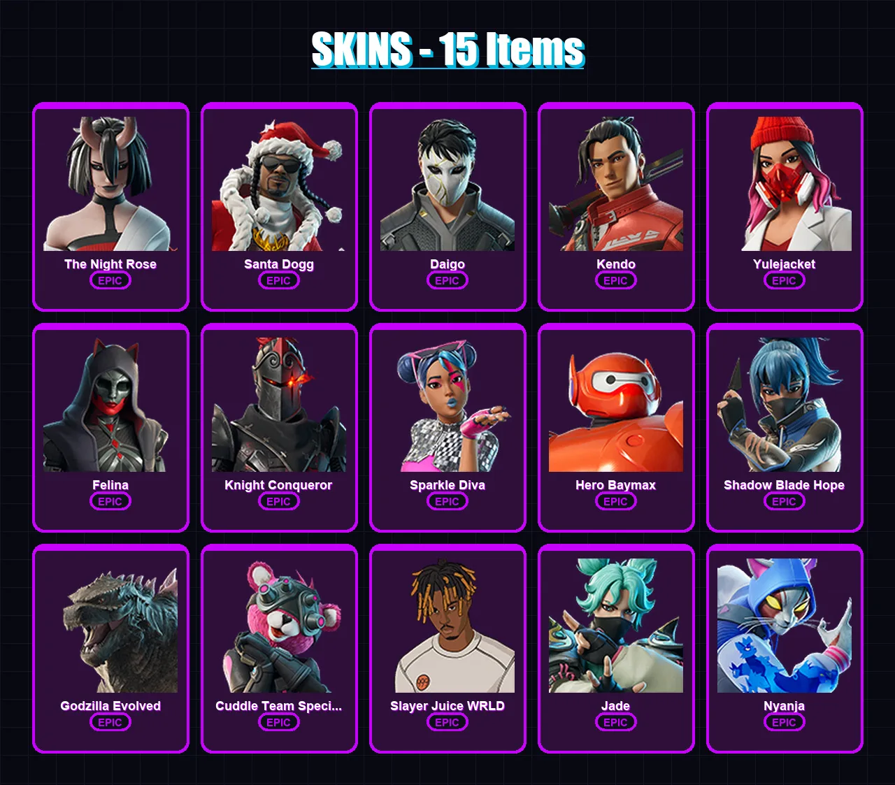 [PC/PSN] | The Night Rose | Santa Dogg | Daigo | Kendo | Yulejacket | 15 skin | 41 pickaxe | 23 emote | 25 glider | Lv285