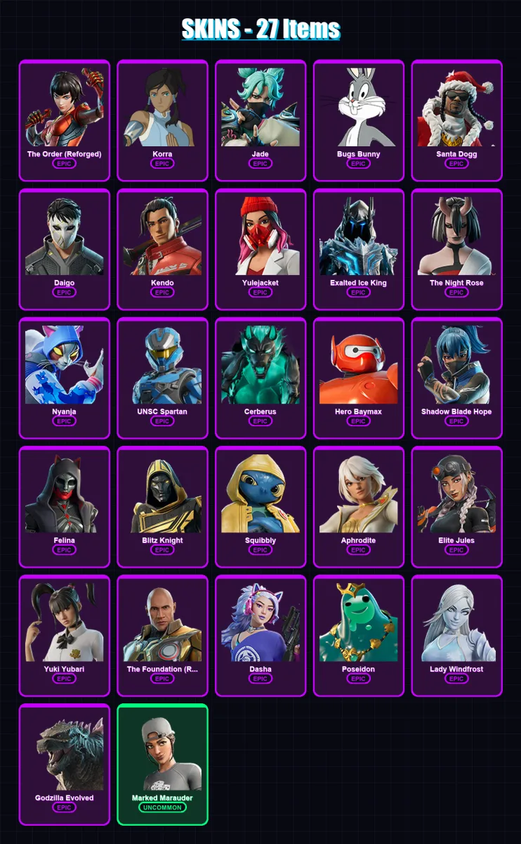[SWITCH/XBOX/PSN/PC] | The Order (Reforged) | Korra | Jade | Bugs Bunny | Santa Dogg | 27 skin | 106 pickaxe | 53 emote | 78 glider | Lv1778