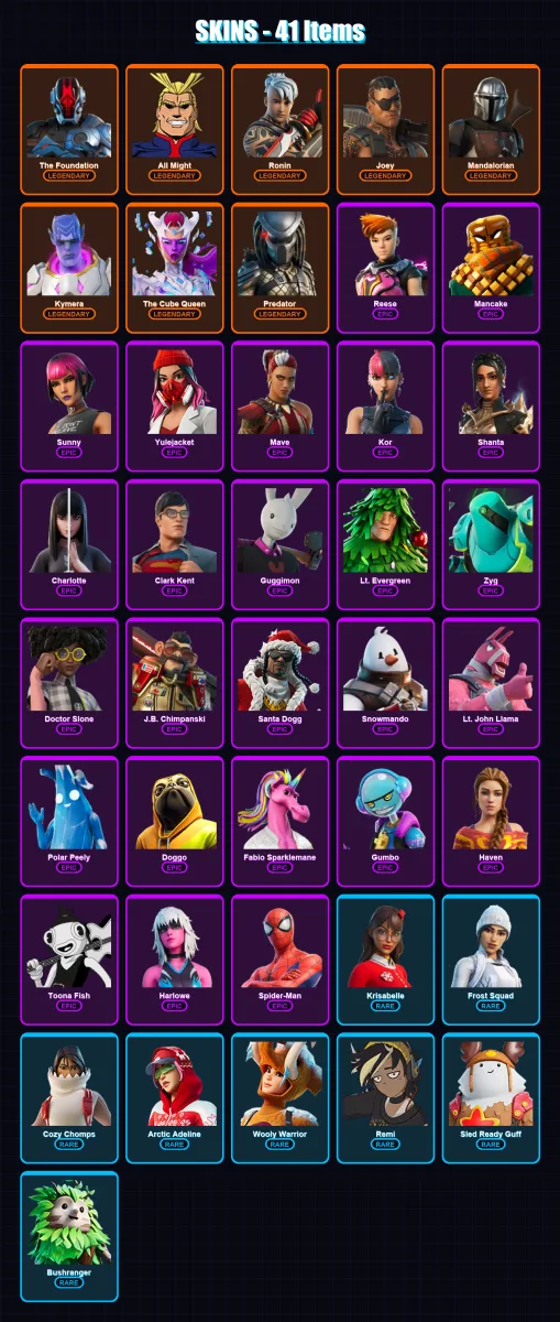 [PC/PSN] | The Foundation | All Might | Ronin | Joey | Mandalorian | 41 skin | 59 pickaxe | 43 emote | 58 glider | Lv727