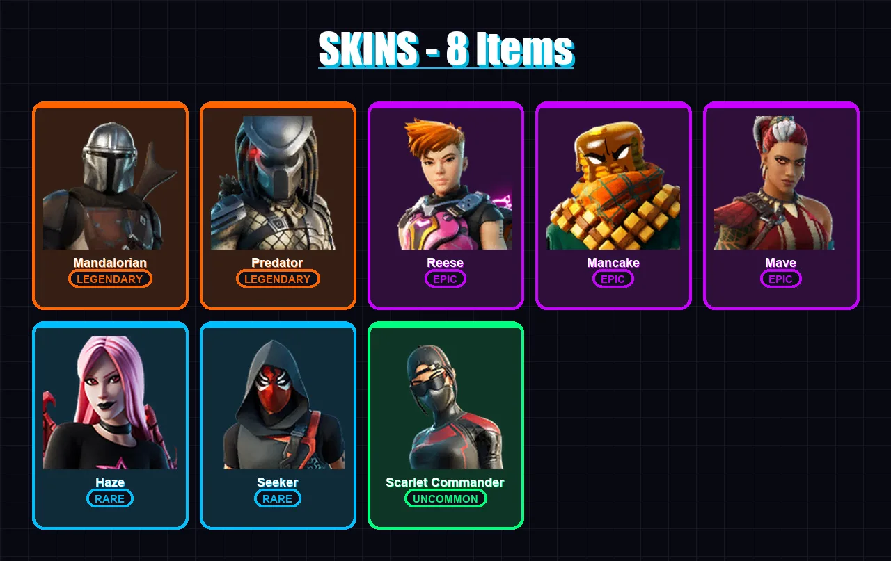[PC/XBOX/PSN] | Mandalorian | Predator | Reese | Mancake | Mave | 8 skin | 8 pickaxe | 10 emote | 9 glider | Lv84