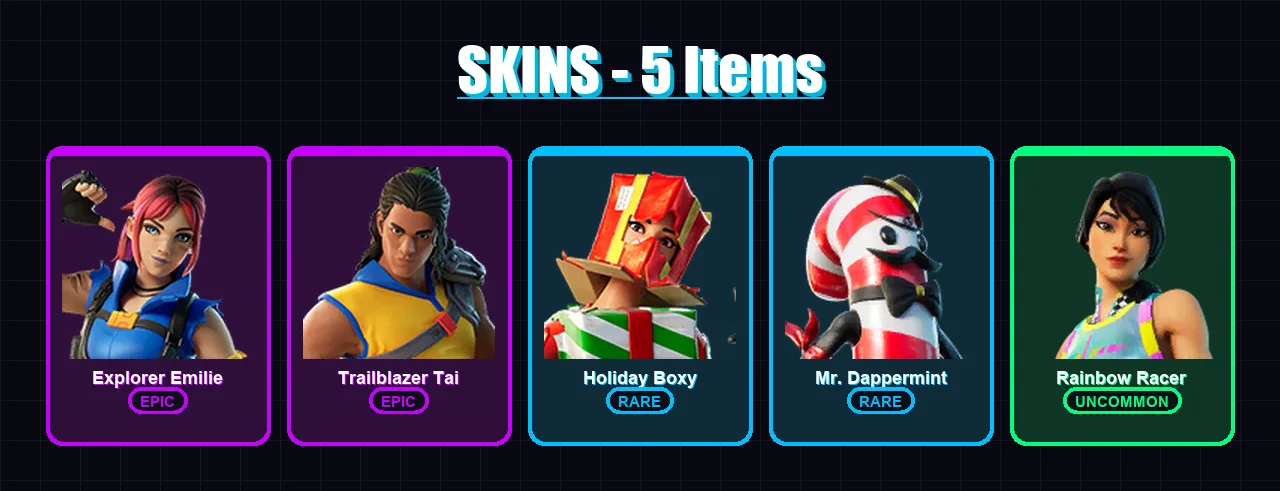 [PC/XBOX] | Explorer Emilie | Trailblazer Tai | Holiday Boxy | Mr. Dappermint | Rainbow Racer | 5 skin | 7 pickaxe | 4 emote | 6 glider | Lv162