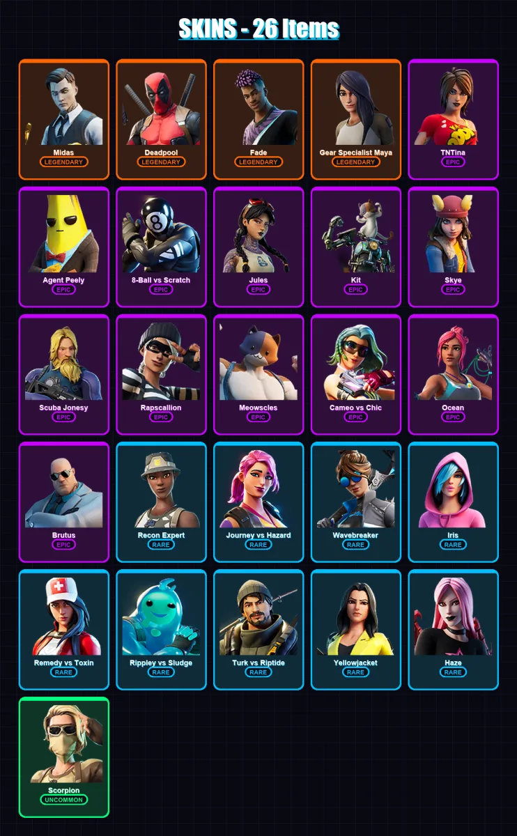 [PC/XBOX/PSN] | Midas | Deadpool | Fade | Gear Specialist Maya | TNTina | 26 skin | 31 pickaxe | 33 emote | 25 glider | Lv424 — Fortnite account