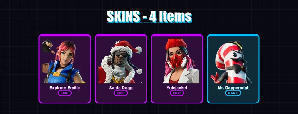 [PC/XBOX/PSN] | Explorer Emilie | Santa Dogg | Yulejacket | Mr. Dappermint | 4 skin | 2 pickaxe | 2 emote | 1 glider | #04243 — main preview
