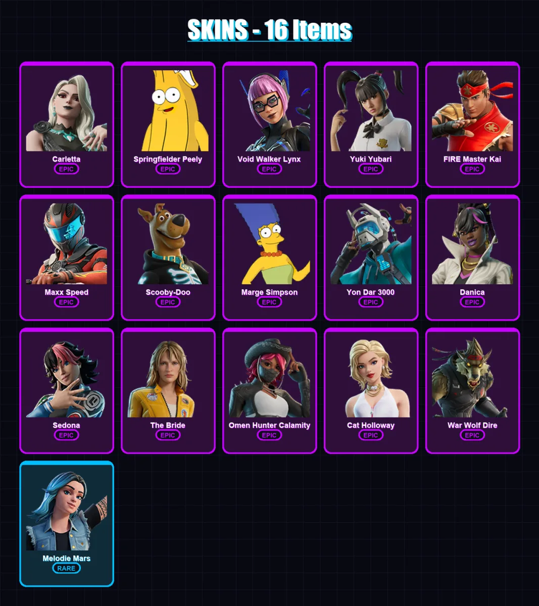 [PC/PSN] | Carletta | Springfielder Peely | Void Walker Lynx | Yuki Yubari | FIRE Master Kai | 16 skin | 14 pickaxe | 14 emote | 10 glider | Lv47