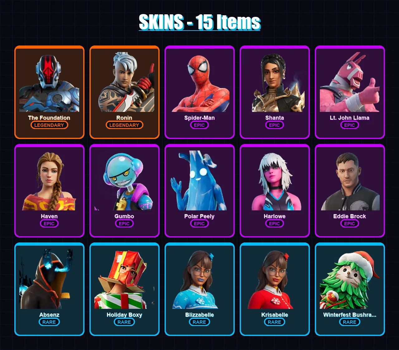 [PC/XBOX/PSN] | The Foundation | Ronin | Spider-Man | Shanta | Lt. John Llama | 15 skin | 35 pickaxe | 20 emote | 26 glider | Lv478