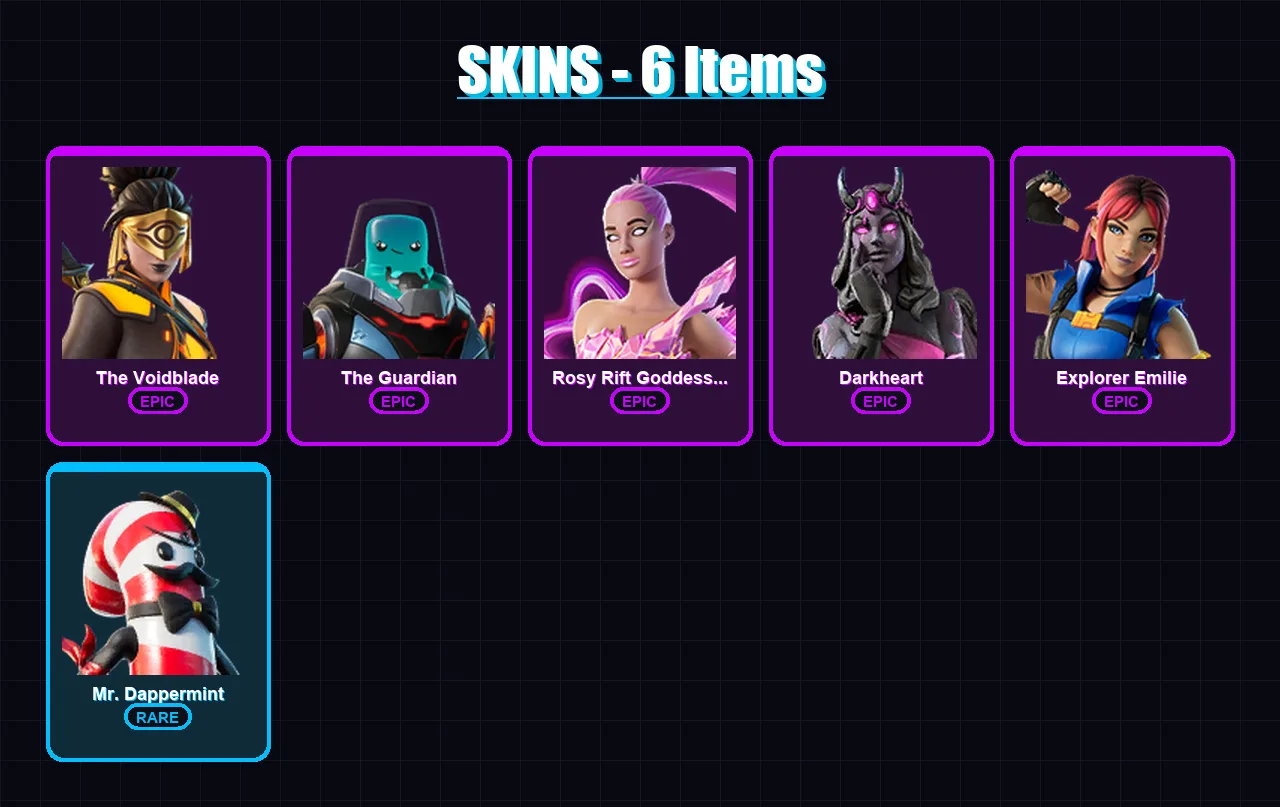 [PC/XBOX/PSN] | The Voidblade | The Guardian | Rosy Rift Goddess Ariana | Darkheart | Explorer Emilie | 6 skin | 2 pickaxe | 1 emote | 2 glider | Lv