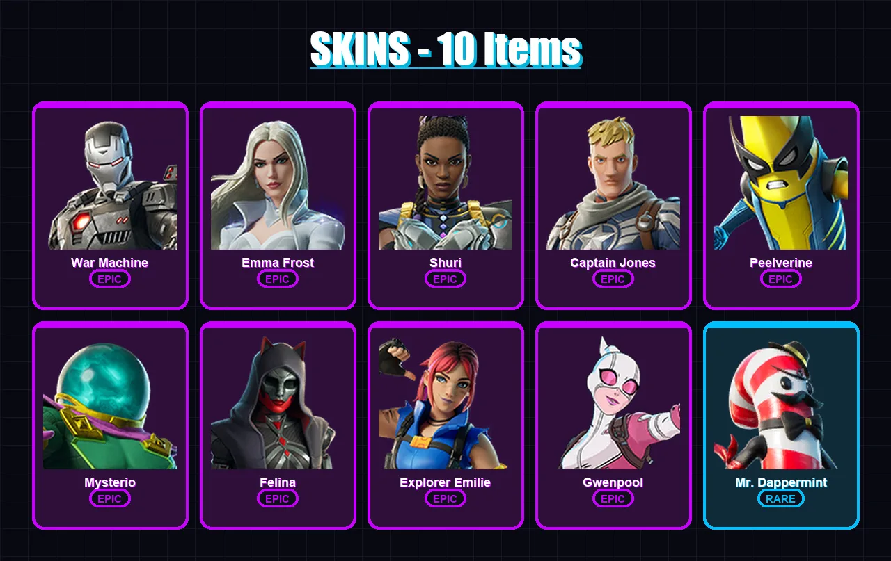 [PC/XBOX/PSN] | War Machine | Emma Frost | Shuri | Captain Jones | Peelverine | 10 skin | 27 pickaxe | 12 emote | 12 glider | Lv241