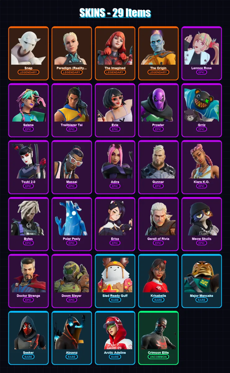 [SWITCH/XBOX/PSN/PC] | Snap | Paradigm (Reality-659) | The Imagined | The Origin | Lennox Rose | 29 skin | 41 pickaxe | 24 emote | 35 glider | Lv509 — Fortnite account