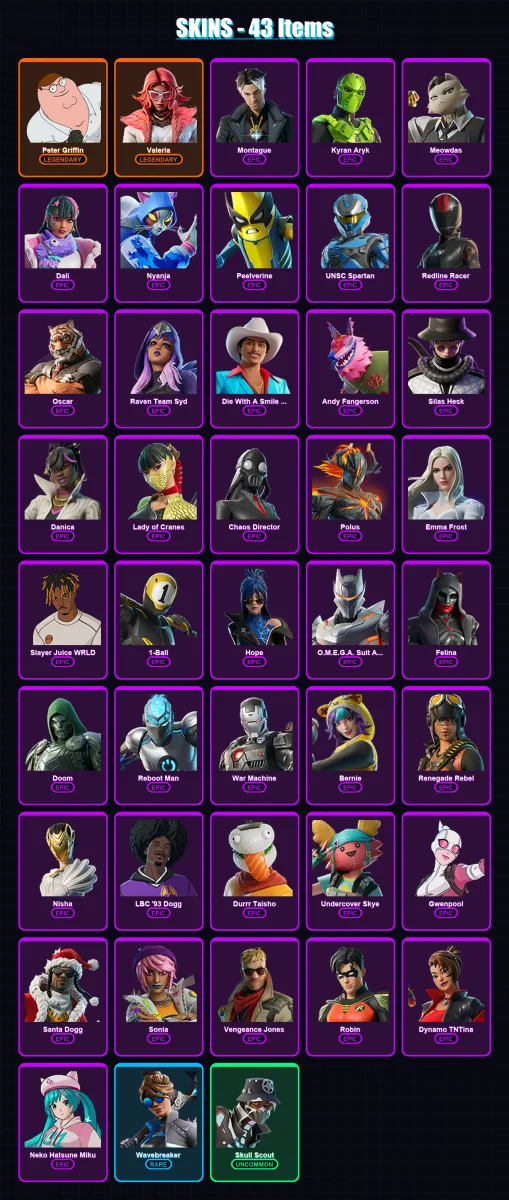 [PC/XBOX/PSN] | Peter Griffin | Valeria | Montague | Kyran Aryk | Meowdas | 43 skin | 43 pickaxe | 20 emote | 18 glider | Lv266