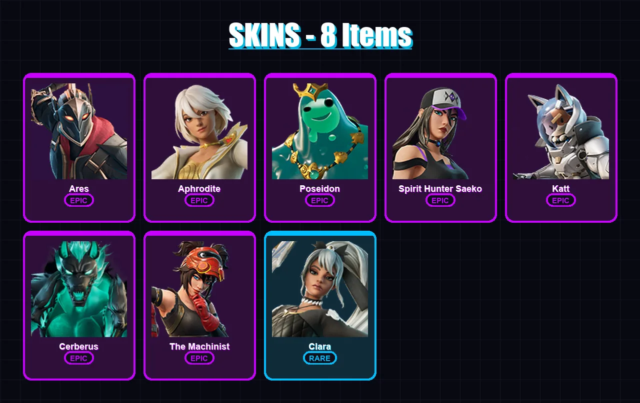 [PC/XBOX/PSN] | Ares | Aphrodite | Poseidon | Spirit Hunter Saeko | Katt | 8 skin | 8 pickaxe | 5 emote | 5 glider | Lv43
