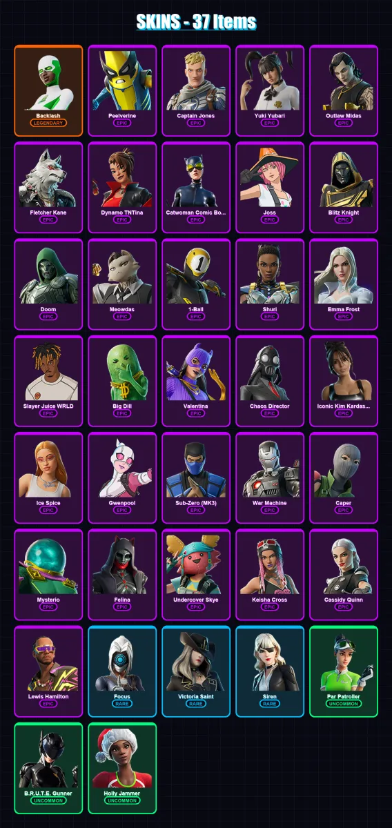 [PS4/PS5/XBOX/PC] | Backlash | Peelverine | Captain Jones | Yuki Yubari | Outlaw Midas | 37 skin | 111 pickaxe | 70 emote | 65 glider | Lv1138