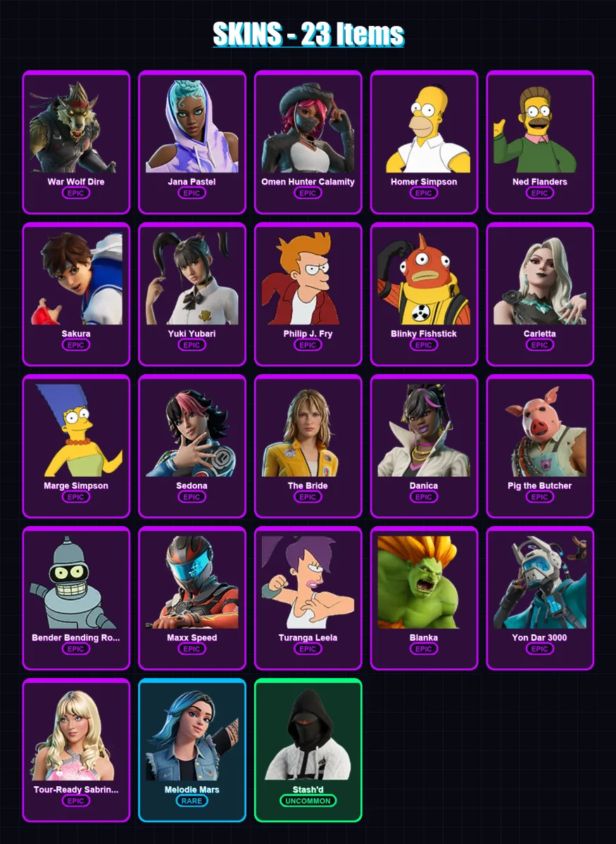 [PC/PSN] | War Wolf Dire | Jana Pastel | Omen Hunter Calamity | Homer Simpson | Ned Flanders | 23 skin | 23 pickaxe | 13 emote | 13 glider | Lv105