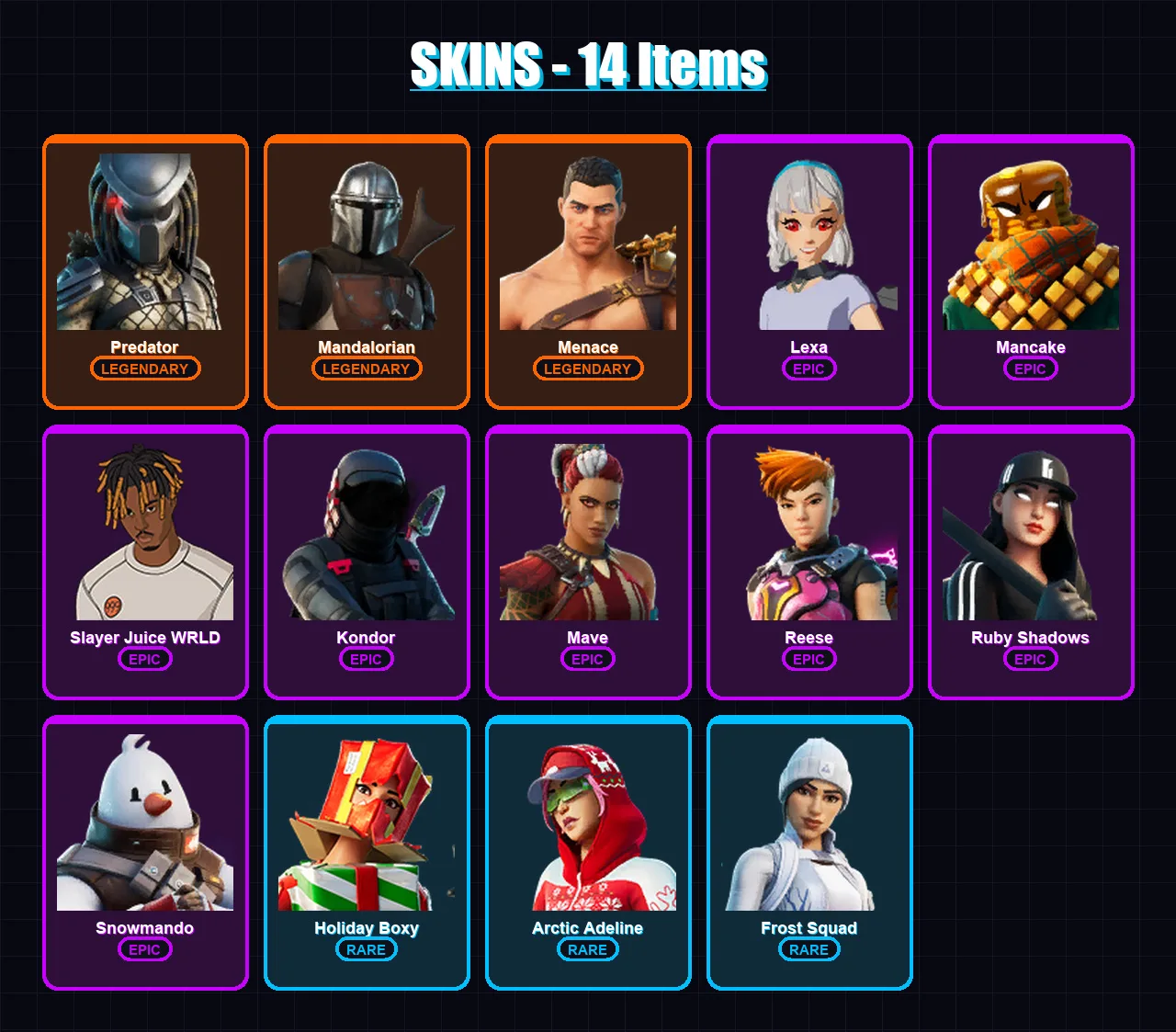 [PC/XBOX/PSN] | Predator | Mandalorian | Menace | Lexa | Mancake | 14 skin | 30 pickaxe | 18 emote | 31 glider | Lv459