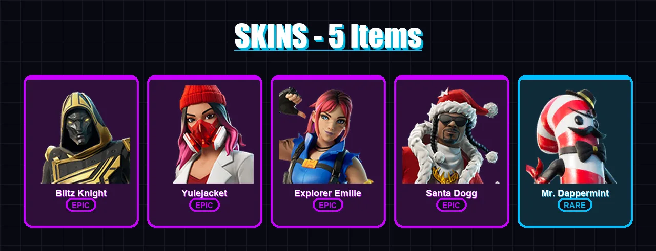 [PC/PSN] | Blitz Knight | Yulejacket | Explorer Emilie | Santa Dogg | Mr. Dappermint | 5 skin | 15 pickaxe | 3 emote | 6 glider | Lv53