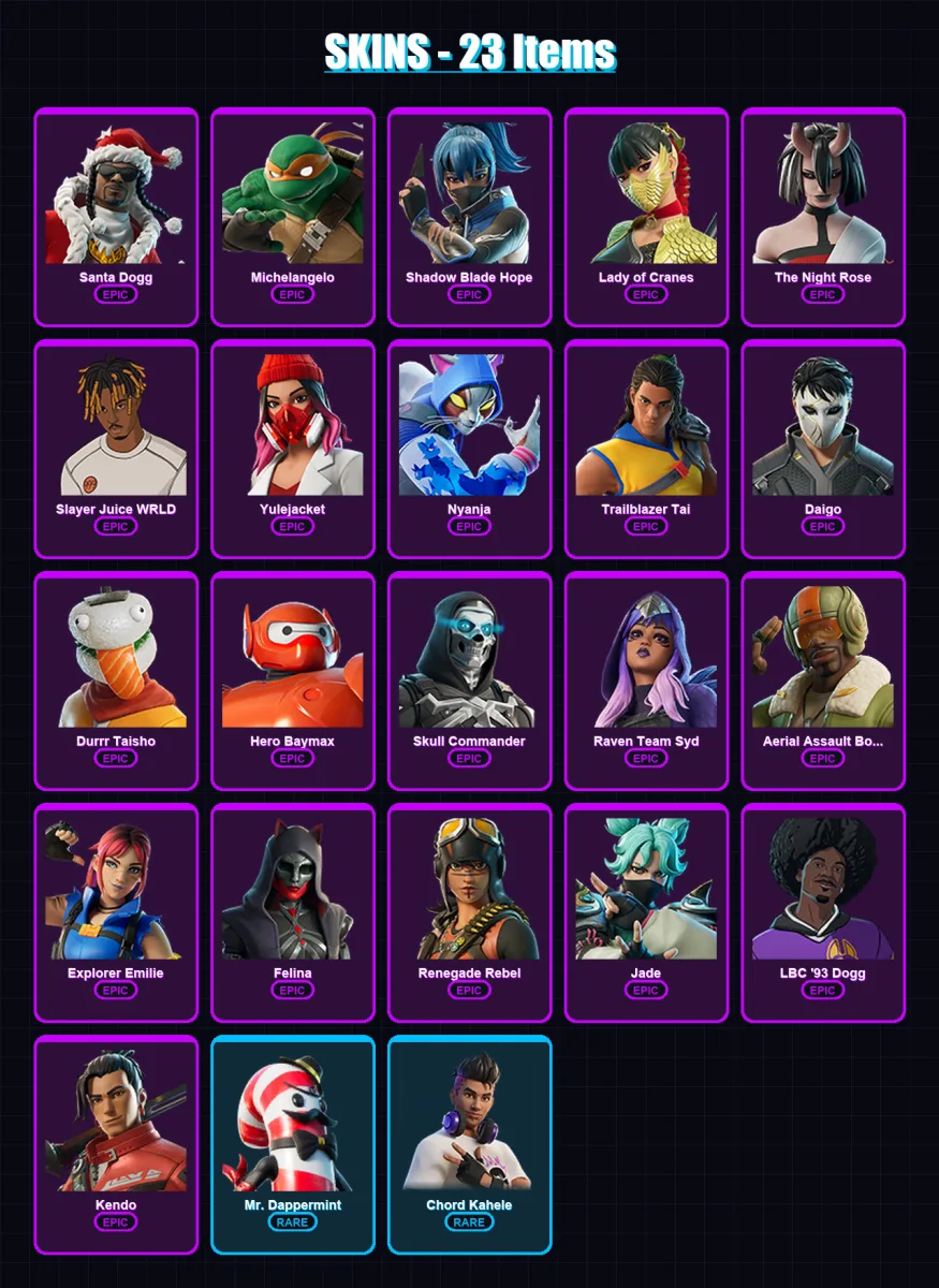 [PC/PSN] | Santa Dogg | Michelangelo | Shadow Blade Hope | Lady of Cranes | The Night Rose | 23 skin | 35 pickaxe | 21 emote | 23 glider | Lv323
