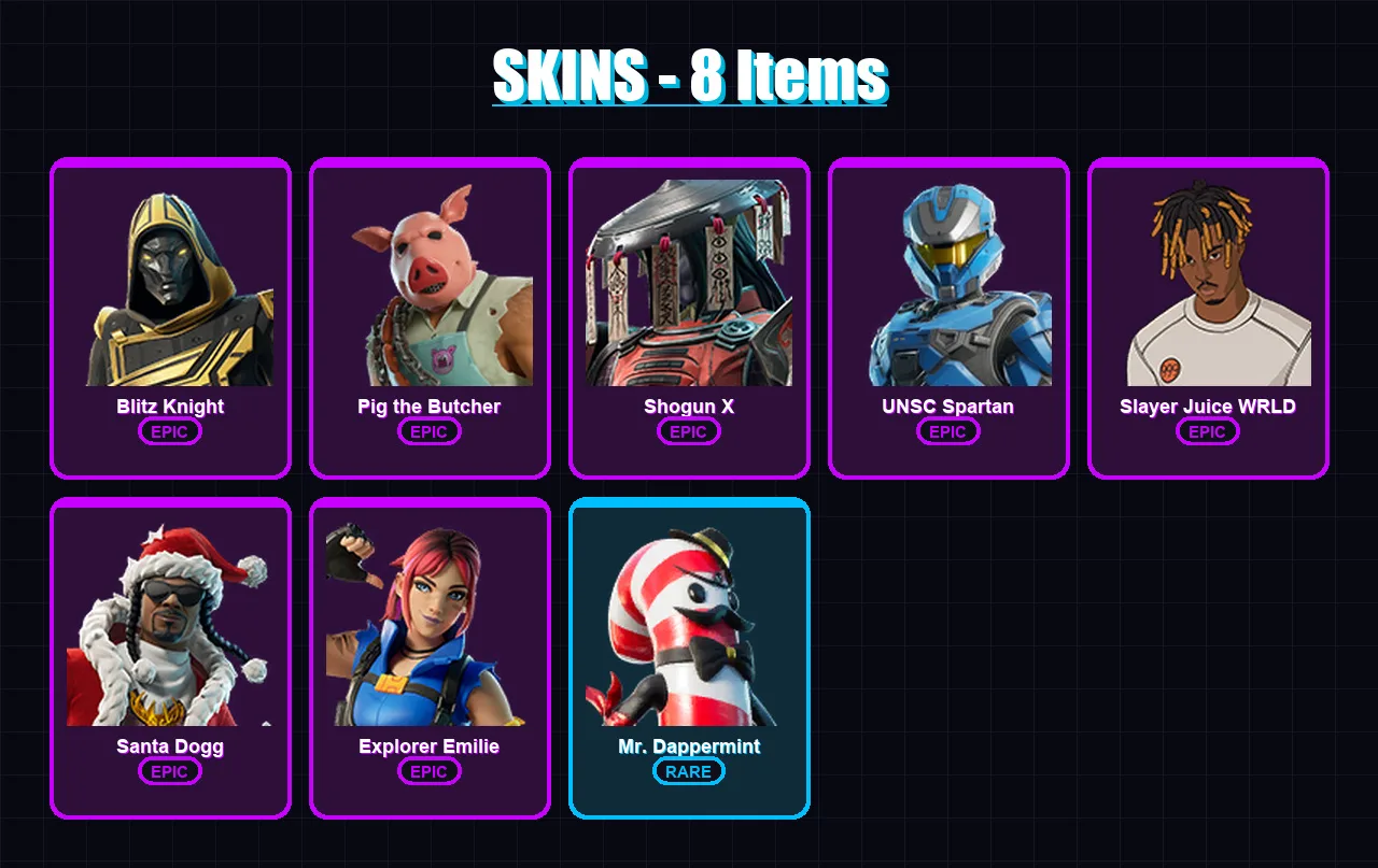[PC/XBOX/PSN] | Blitz Knight | Pig the Butcher | Shogun X | UNSC Spartan | Slayer Juice WRLD | 8 skin | 39 pickaxe | 17 emote | 25 glider | Lv379