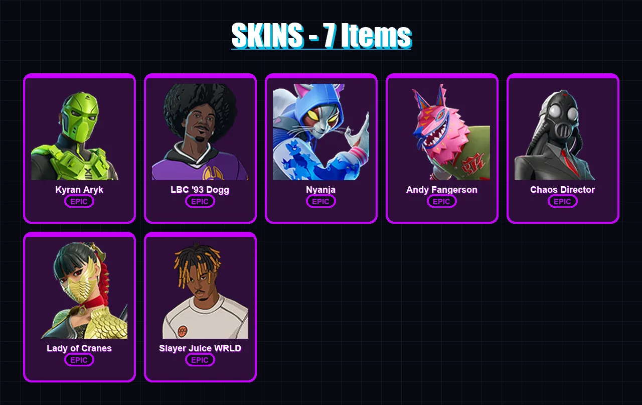 [PC/PSN] | Kyran Aryk | LBC '93 Dogg | Nyanja | Andy Fangerson | Chaos Director | 7 skin | 5 pickaxe | 2 emote | 2 glider | Lv6
