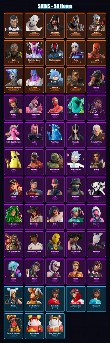 [PC/XBOX/PSN] | The Ageless | Snap | Blackheart | Ruin | Ronin | 58 skin | 68 pickaxe | 53 emote | 67 glider | Lv812