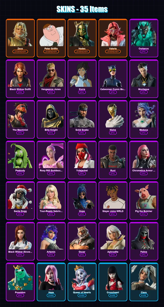 [PC/PSN] | Zeus | Peter Griffin | Hades | Valeria | Cerberus | 35 skin | 77 pickaxe | 44 emote | 47 glider | Lv592