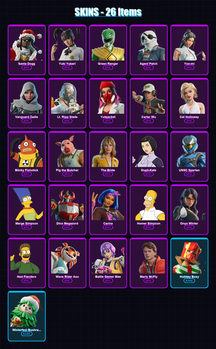 [PS4/PS5/PC] | Santa Dogg | Yuki Yubari | Green Ranger | Agent Patch | Yoo-mi | 26 skin | 75 pickaxe | 38 emote | 47 glider | Lv596