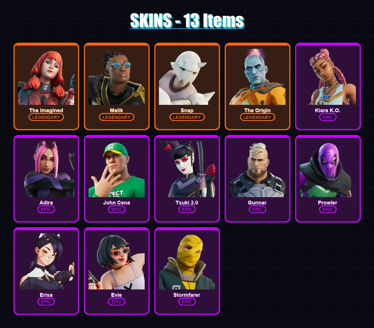 [PC/XBOX/PSN] | The Imagined | Malik | Snap | The Origin | Kiara K.O. | 13 skin | 16 pickaxe | 14 emote | 16 glider | Lv164