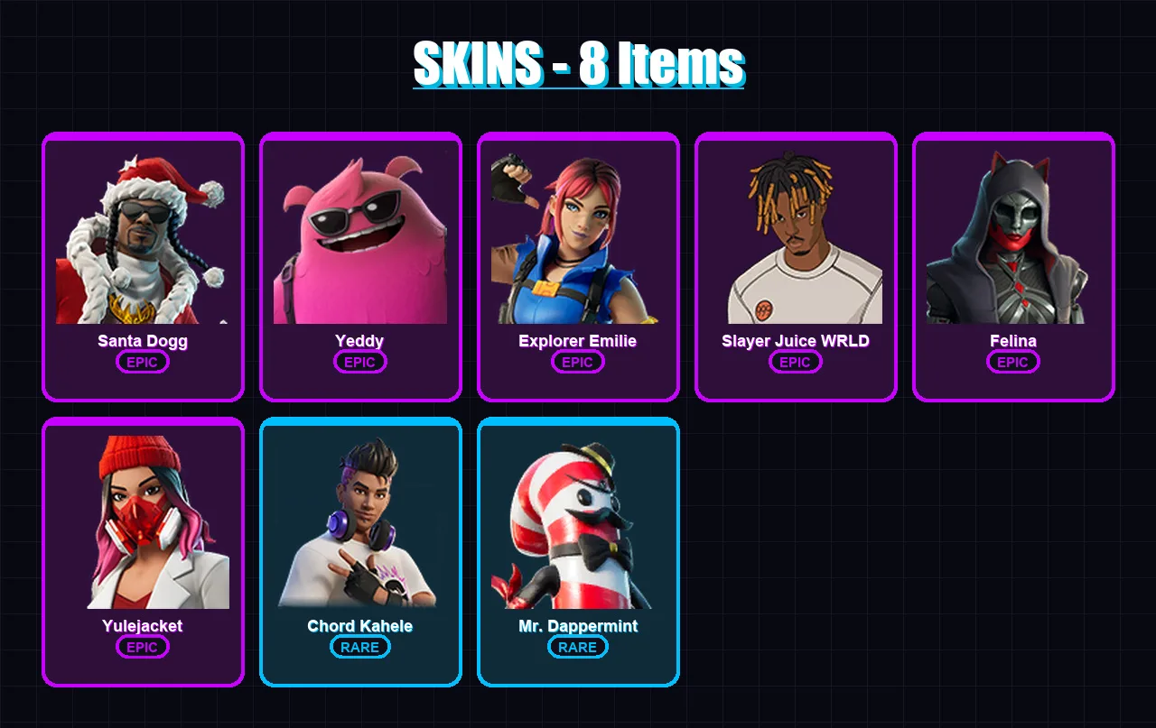 [PC/PSN] | Santa Dogg | Yeddy | Explorer Emilie | Slayer Juice WRLD | Felina | 8 skin | 37 pickaxe | 16 emote | 21 glider | Lv302