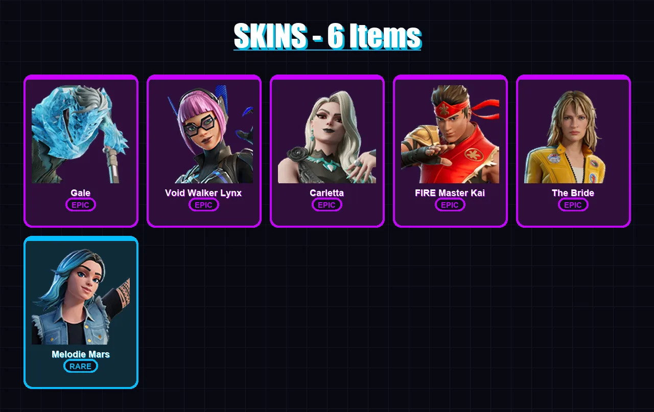 [PC/XBOX/PSN] | Gale | Void Walker Lynx | Carletta | FIRE Master Kai | The Bride | 6 skin | 17 pickaxe | 8 emote | 10 glider | Lv105