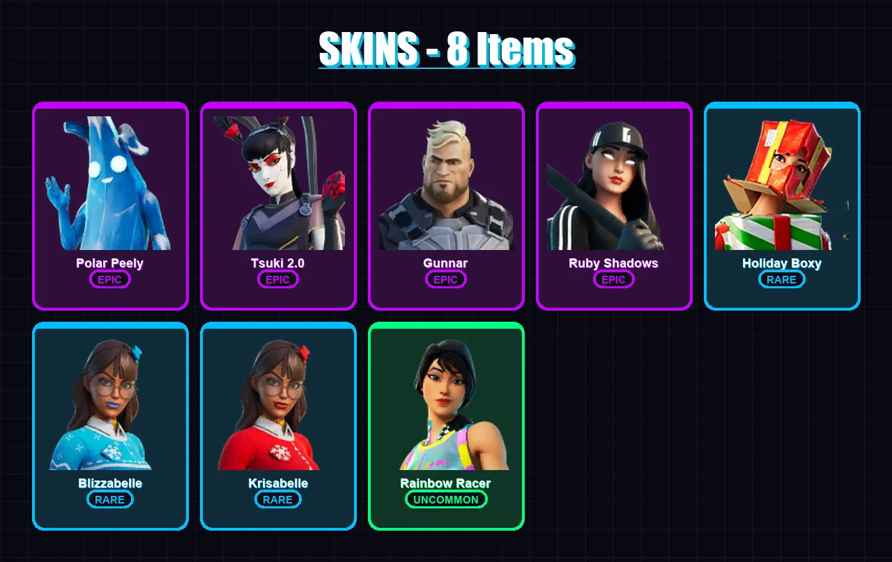 [PC/XBOX/PSN] | Polar Peely | Tsuki 2.0 | Gunnar | Ruby Shadows | Holiday Boxy | 8 skin | 18 pickaxe | 14 emote | 26 glider | Lv558