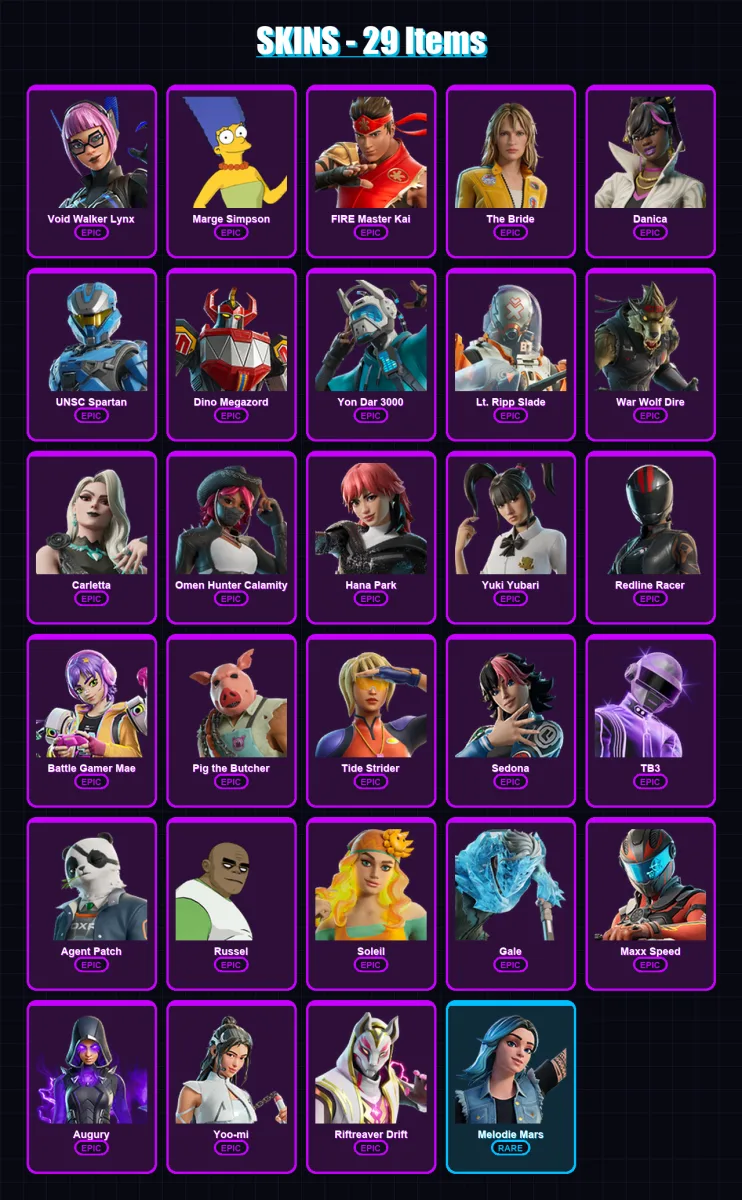 [PC/PSN] | Void Walker Lynx | Marge Simpson | FIRE Master Kai | The Bride | Danica | 29 skin | 37 pickaxe | 24 emote | 16 glider | Lv101
