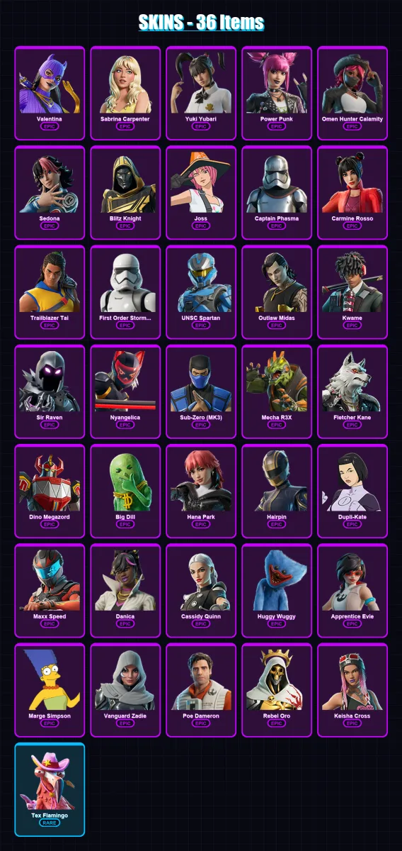 [PC/XBOX/PSN] | Valentina | Sabrina Carpenter | Yuki Yubari | Power Punk | Omen Hunter Calamity | 36 skin | 49 pickaxe | 32 emote | 27 glider | Lv25 — Fortnite account