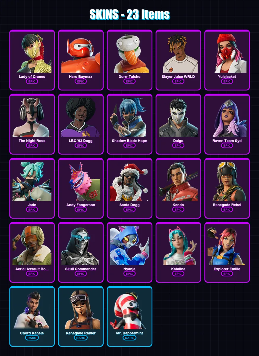 [PC/XBOX/PSN] | Lady of Cranes | Hero Baymax | Durrr Taisho | Slayer Juice WRLD | Yulejacket | 23 skin | 32 pickaxe | 21 emote | 24 glider | Lv381 — Fortnite account