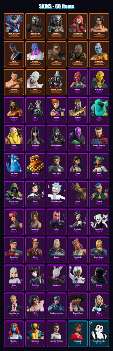 [SWITCH/XBOX/PSN/PC] | Spire Assassin | Mandalorian | Predator | The Imagined | Raz | 60 skin | 70 pickaxe | 44 emote | 67 glider | Lv1302