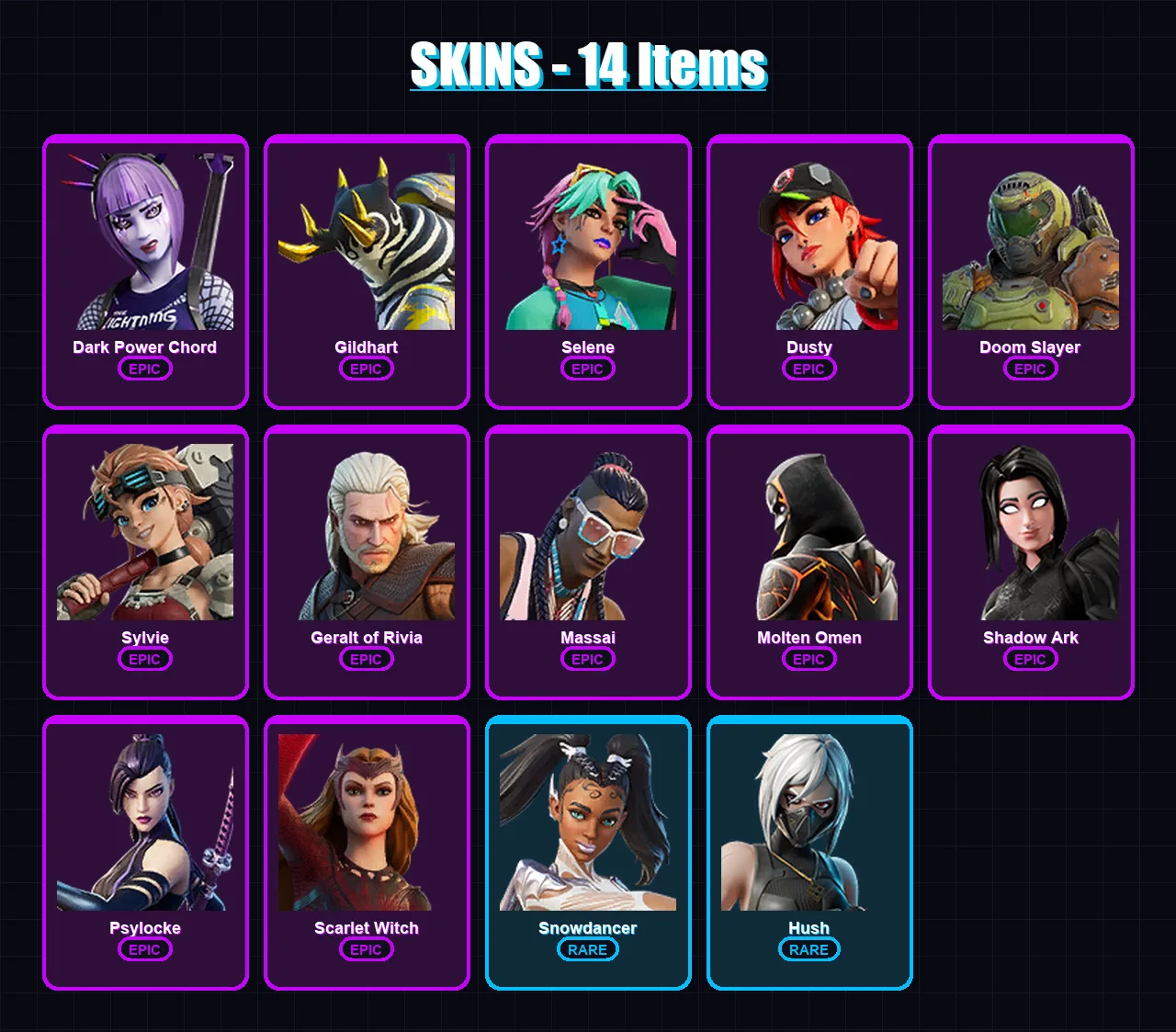[PC/XBOX/PSN] | Dark Power Chord | Gildhart | Selene | Dusty | Doom Slayer | 14 skin | 21 pickaxe | 12 emote | 13 glider | Lv123