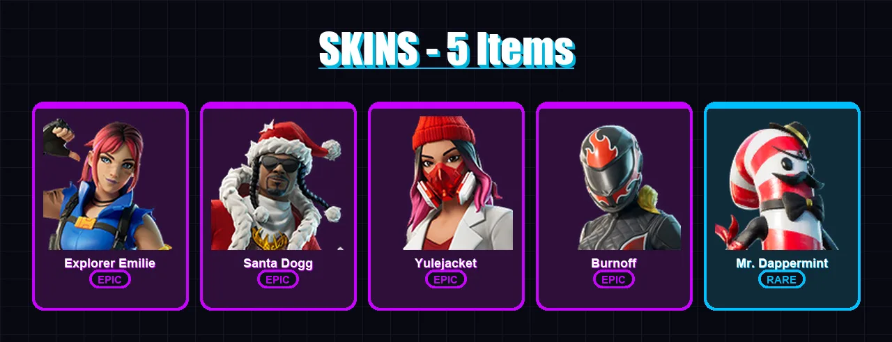 [PC/XBOX/PSN] | Explorer Emilie | Santa Dogg | Yulejacket | Burnoff | Mr. Dappermint | 5 skin | 20 pickaxe | 8 emote | 14 glider | Lv128