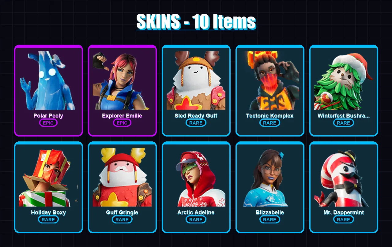 [PC/XBOX/PSN] | Polar Peely | Explorer Emilie | Sled Ready Guff | 10 skin | Lv290