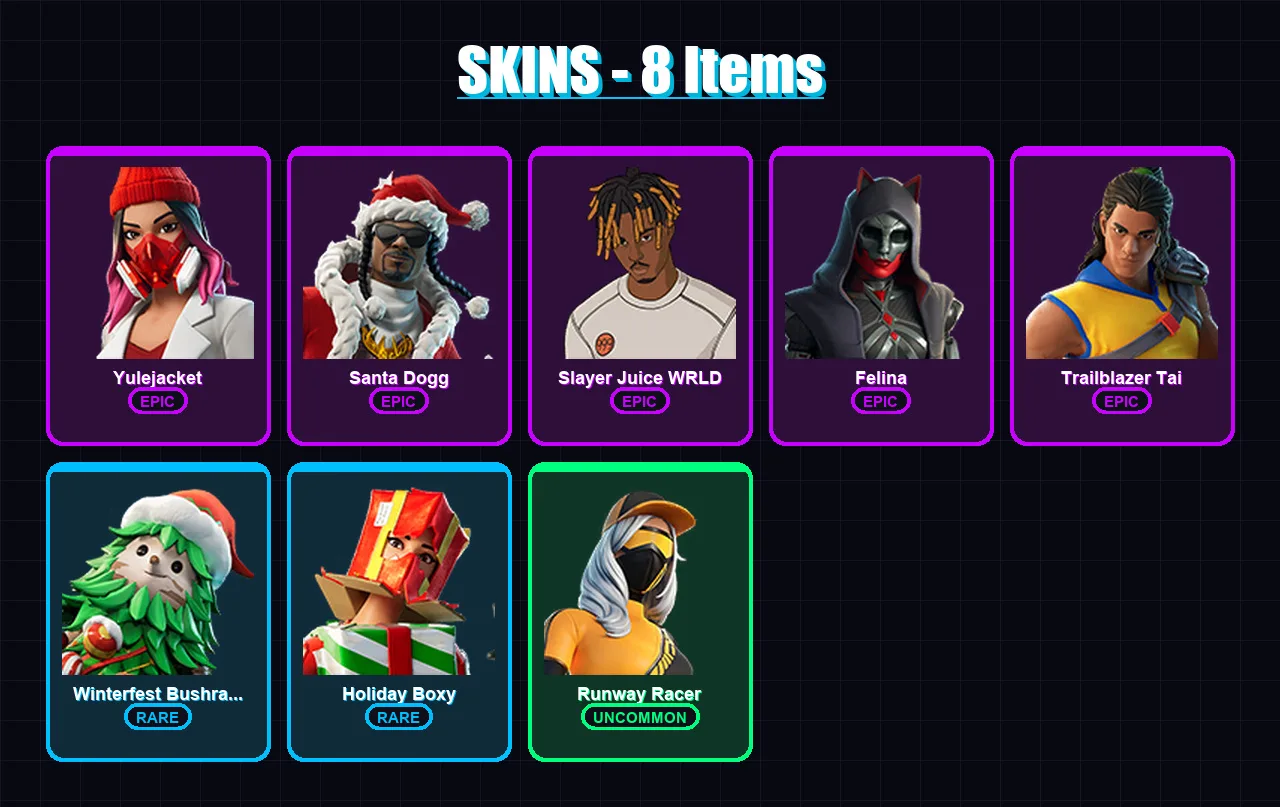 [PC/XBOX/PSN] | Yulejacket | Santa Dogg | Slayer Juice WRLD | Felina | Trailblazer Tai | 8 skin | 28 pickaxe | 13 emote | 23 glider | Lv427